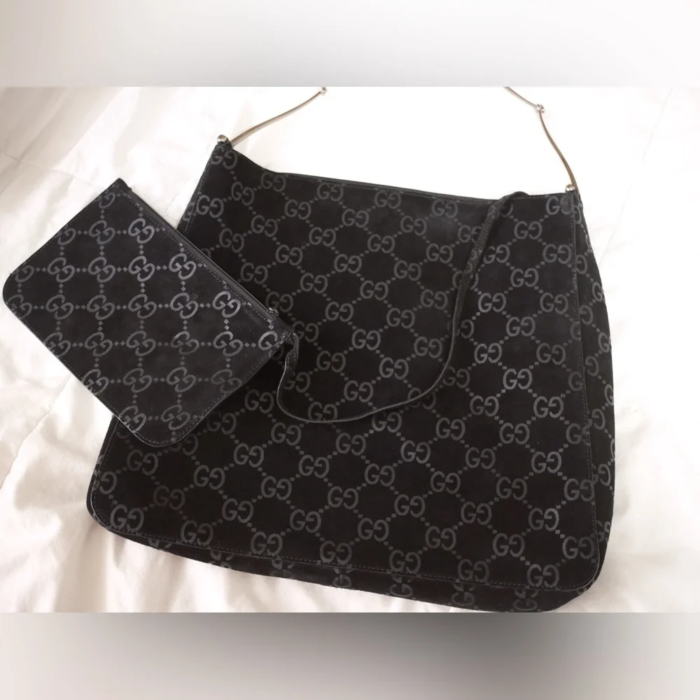RARE Vintage Gucci Black Suede Monogram Metal Horsebit Strap Hobo Bag - Picture 15 of 17